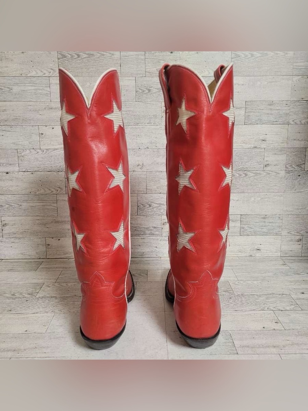 Women’s Custom Red Leather Star Inlay Patriotic Tall Rodeo Cowboy Boots Size 6 - Picture 6 of 14